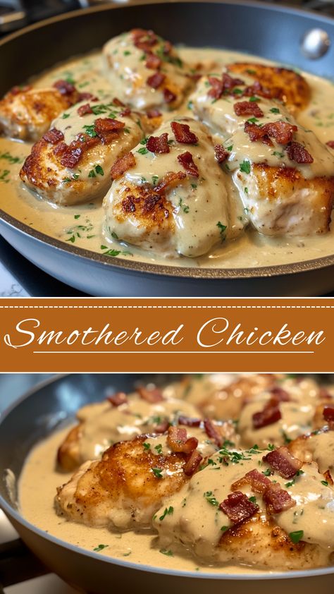 Smothered Chicken Smothered Chicken Recipe, Potato Dinner, Smothered Chicken, Seasoned Chicken, Simple Family Meals, Cheap Meal, Tasty Meals, Gravy Recipes, Boneless Skinless Chicken