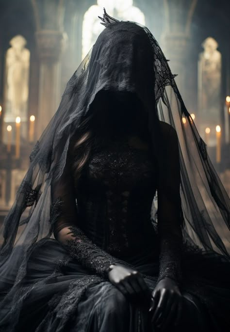 Evil Vampire Queen, Masquerade Mask Photoshoot, Black Veiled Woman, Black Vail Aesthetic, Dark Bride Aesthetic, Princess Of The Underworld Aesthetic, Veil Over Face Drawing Reference, Queen Of The Underworld Aesthetic, Goth Queen Aesthetic