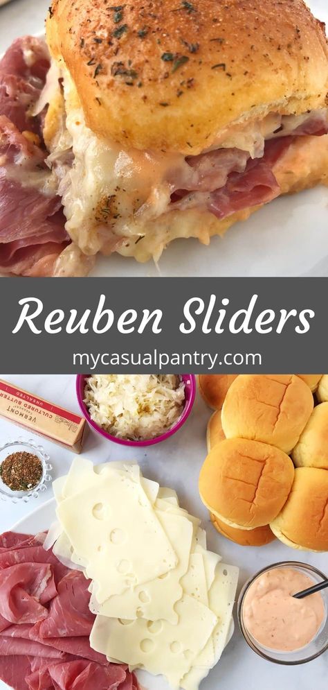 Reuben Sliders - savory corned beef, swiss cheese, sauerkraut, and Thousand Island dressing layered on small rolls. Baked in a casserole dish, these sliders are family-friendly and feed a crowd. Mini Reuben Sandwiches, Reuben Sliders, Classic Reuben Sandwich, Reuben Sandwiches, Beef Ideas, Slider Sandwiches, Dinner Thanksgiving, Homemade Sandwich, Thanksgiving Menu Ideas