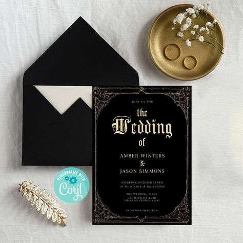 Gold Ornate Frame Wedding Invitation and Envelope Liner, Editable Invitation, DIY Wedding Invite, Dark Moody Wedding, Wedding Suite | WeDoInvitations Dark Moody Wedding, Rocker Wedding, Moody Wedding Invitations, Gothic Wedding Invitations, Frame Wedding Invitation, Dark Wedding Theme, Emerald Green Weddings, Invitation Diy, Traditional Wedding Invitations