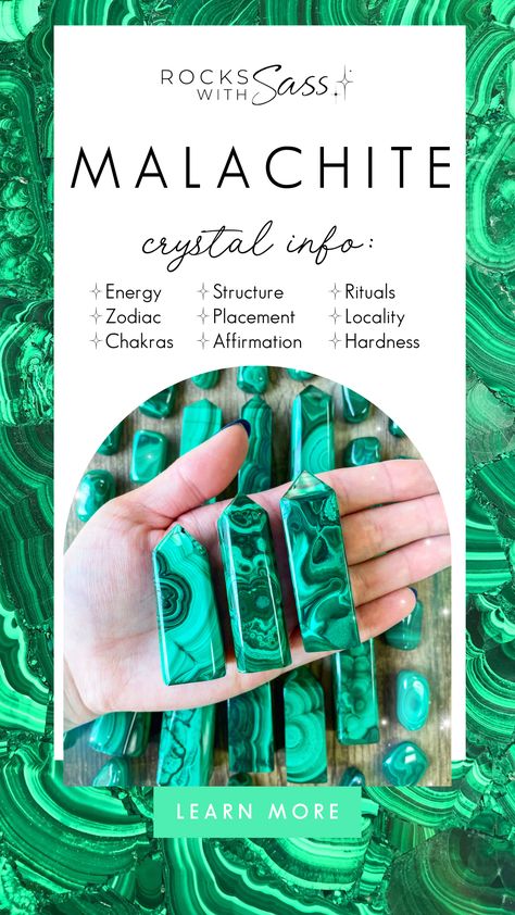 KEYWORDS: PROTECTION, HEALED HEART, CREATIVITY Harnessing nature's cleansing energy, Malachite is the ultimate resetter for our emotional and spiritual wellness. Check out our Malachite crystal meaning page to learn all about this beautiful, green-ringed pattern stone at www.rockswithsass.com! We cover everything about the crystal's energy, associated zodiac signs and chakras, structure, placement, affirmation, rituals, locality, and hardness. Malachite Crystal Meaning, Healed Heart, Cleansing Energy, Pattern Stone, Taurus And Scorpio, Malachite Crystal, Crystal Guide, Book Of Shadow, Crystals Healing Properties