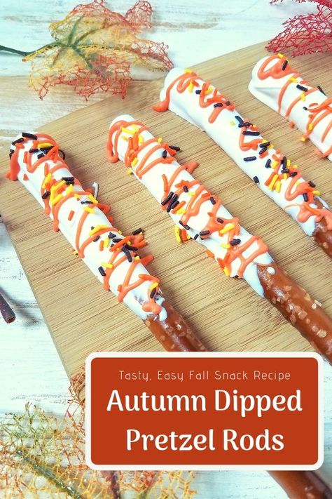 Orange Pretzel Rods, Fall Themed Pretzel Rods, Chocolate Dipped Pretzels Fall, Halloween Pretzel Ideas, Thanksgiving Pretzel Rods, Halloween Pretzels Rods, Pretzel Rods Dipped, Fall Recipes Snacks, Cutie Theme