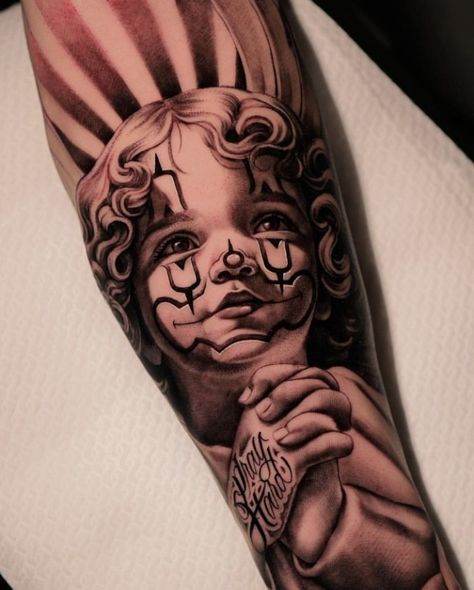 Chicano Tattoo Design Ideas, Under Eye Tattoo, Angle Tattoo, Chest Tattoo Drawings, Baby Angel Tattoo, Chicanas Tattoo, Chicano Tattoos Sleeve, Realistic Tattoo Sleeve, Clown Tattoo