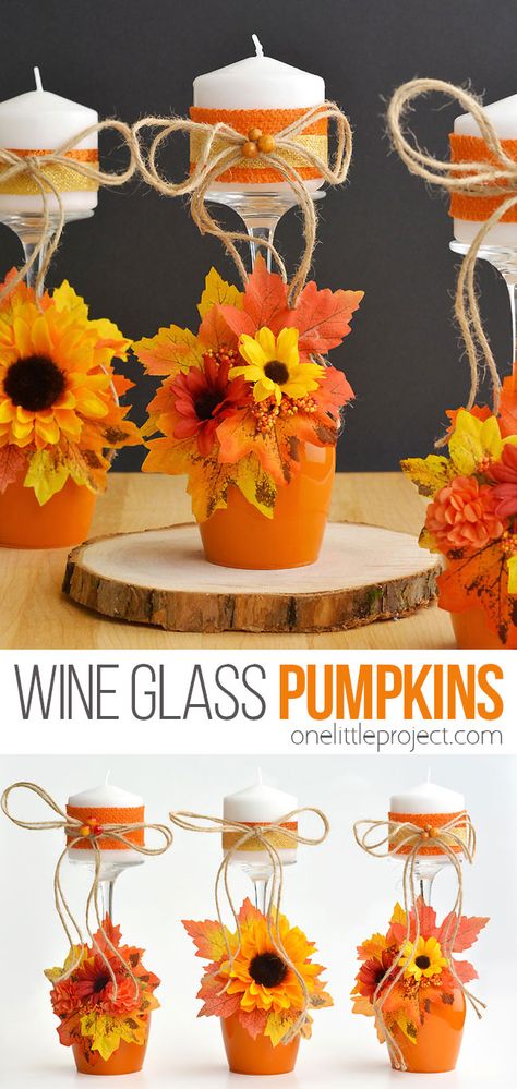 These pumpkin wine glasses are SO CUTE! Make this painted fall candle holder and decorate it with fabric leaves and flowers. It's such a fun autumn craft for teens, adults, and seniors. Place them on the mantle or use them as part of a centerpiece for the Thanksgiving dinner table. Homemade Fall Decorations For Outside, Craft Ideas For Adults Halloween, Fall Wine Glass Crafts Diy, Wine Glass Snow Globe Candle Holders, Adult Fall Crafts Easy, Wine Glass Fall Crafts, Wine Glass Pumpkins, Fall Crafts Ideas For Adults, Cute Diy Candle Ideas