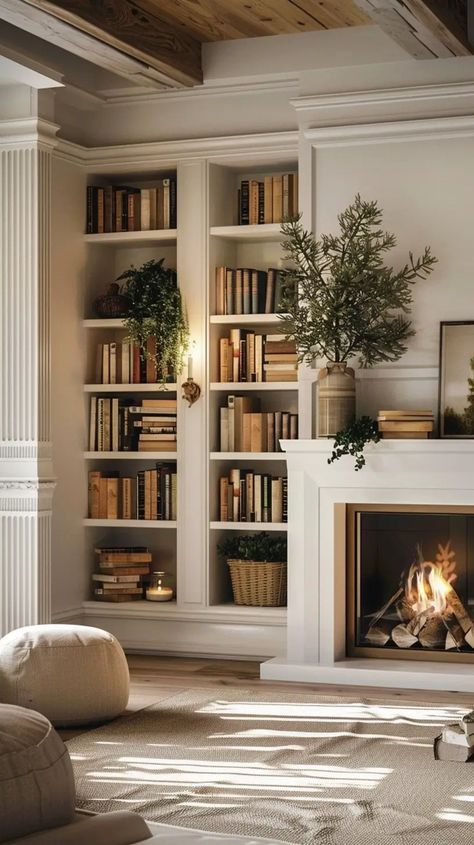 Best Built-In BookShelves Around A Fireplace Design Ideas - Decoholic Built In Bookcases In Living Room, Beautiful Built Ins Living Room, Tv Wall Studio Mcgee, Fireplace Mantel Bookcase, Fireplace Interior Wall, Bookcase Over Fireplace, Bookcases By Fireplace, Chimney Bookshelves, Study Room With Fireplace