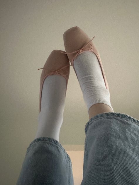 Ballet flats Ballet Flats Outfit, Pink Ballet Flats, Flats Outfit, Flat Loafers, White Socks, Shoe Inspo, Aesthetic Shoes, Loafers Shoes, Ballerina Shoes