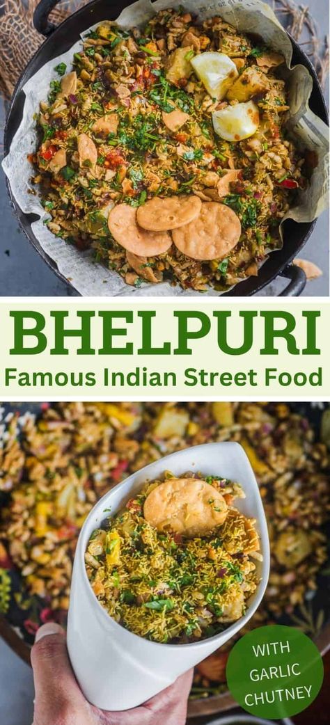 Experience the authentic taste of Mumbai with this easy Bhel Puri recipe! Made with kurmura, flavorful chutneys, fresh veggies, and crispy toppings, this iconic Indian street food is a delightful mix of sweet, spicy, tangy, and sour flavors. Naturally vegan, Bhelpuri is crispy, crunchy, and delicious! Bhel Puri Recipe, Bhel Puri, Puri Recipe, Puri Recipes, Chaat Recipe, Indian Street, Chaat Masala, Indian Street Food, Juicy Tomatoes