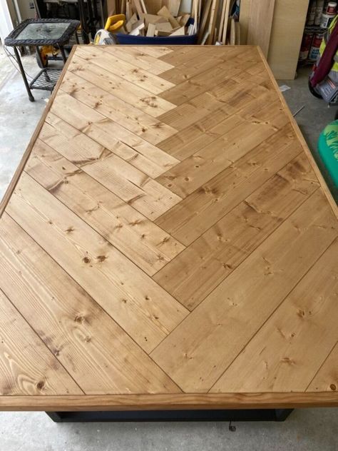 DIY herringbone dining room table, complete! It took a couple weekends of working during my child’s nap time, but overall it was a pretty easy, quick, and painless project!Check out these before, during and after pictures! Materials used:1/4in plywood2x4s for legs/ supports1x4s for herringbone strips1x2s for framing First, cut the plywood for a desired table size and attach under supports Next, attach herringbone strips- started with each full size, and cut accordingly. After a… A Frame Legs Table, Beta Projects, Herringbone Dining Table, Diy Wooden Table, Herringbone Table, Diner Ideas, Diy Dining Room Table, Entryway Hall, Diy Kitchen Table