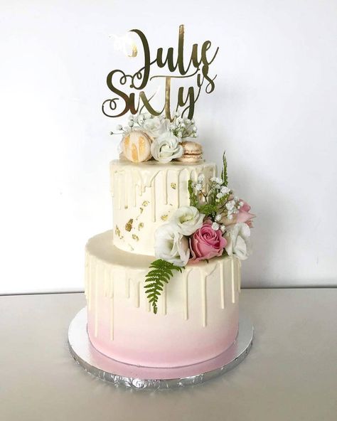 Two tiered buttercream cake with white drip decorated with fresh florals & personalised card cake topper - 4 layers of gooey caramel chocolate sponge cake & 3 layers of lemon and poppyseed sponge cake 🍋🌸 Card Cake Topper, Tiered Cakes Birthday, White Chocolate Cake, Gooey Caramel, Chocolate Sponge Cake, Chocolate Sponge, Caramel Chocolate, 7 Layers, Drip Cake