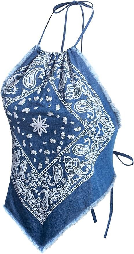 Design by Olivia Women's Sexy Denim Paisley Halter Shirt Bandana Top- Made in USA Destroyed Medium Denim2 M at Amazon Women’s Clothing store Bandana Shirt, Halter Top Shirts, Teen Swag, Vintage Cami, Bandana Top, Backless Tank Top, Bandana Style, Vintage Tank Top, Backless Crop Top