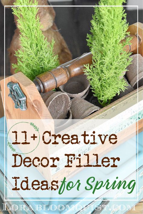 Small peat pots used as decorative filler idea in a vintage tool caddy made from old yardsticks. Tall Glass Vase Filler Ideas, Spring Vase Filler Ideas, Basket Filler Ideas Decorative, Glass Vase Filler Ideas, Vase Filler Ideas, Coffee Table Arrangements, Spring Vases, Pretty Table Settings, Citrus Garden