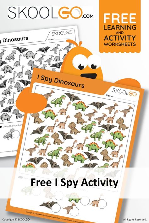 I spy, with my little eyes, a great activity for children to have fun and practice counting and many other skills at the same time. Indeed, this free I Spy Dinosaurs worksheet is a game that children will love. Besides, they can learn a lot by playing without realizing it! Dinosaur Worksheets, Writing Numbers, I Spy, Free Learning, Color Activities, Printable Activities, Worksheets For Kids, Sympathy Cards, Free Coloring