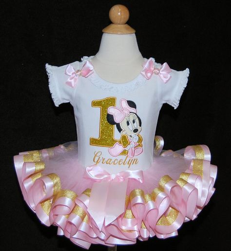 Minnie Mouse 1st Birthday Tutu Outfit, Pink and Gold Sparkle Collection 2 pc set includes Appliqued Top and Ribbon Trimmed Tutu