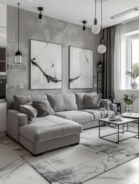 Light Grey Modern Living Room, Greyscale Home Decor, Minimalist Gray Living Room, White Walls Dark Floors Living Room, Black White Grey Living Room, Gray Decorating Ideas, Interior Design Living Room Grey, White And Gray Living Room, Gray And White Living Room