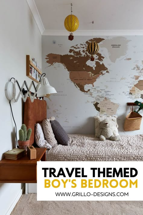 Travel Inspired Bedroom, Explorer Bedroom, Small Room Solutions, Travel Themed Bedroom, Half Painted Walls, Travel Bedroom, Themed Kids Room, Bedroom Reveal, Small Nurseries