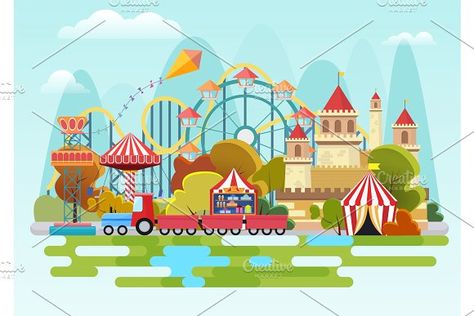 Mountains Background, Park Concept, Mountain Background, Fantasy Art Landscapes, Flat Style, Amusement Park, Theme Park, Cartoon Styles, Ferris Wheel