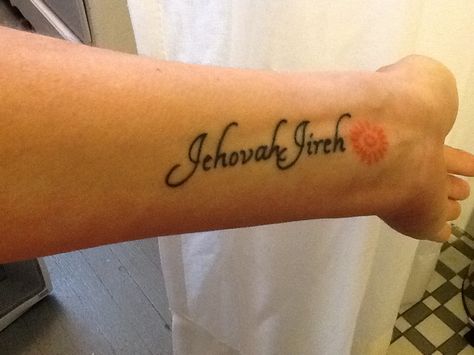 My first tattoo! Jehovah Jireh.  Genesis 22:14 http://www.biblegateway.com/passage/?search=Genesis%2022:14&version=NIRV Jehovah Jireh Tattoo, Jw Tattoo, Jireh Tattoo, Jehovah Jireh, Jehovah's Witnesses, Word Tattoos, First Tattoo, Tattoo Idea, Diy Projects To Try