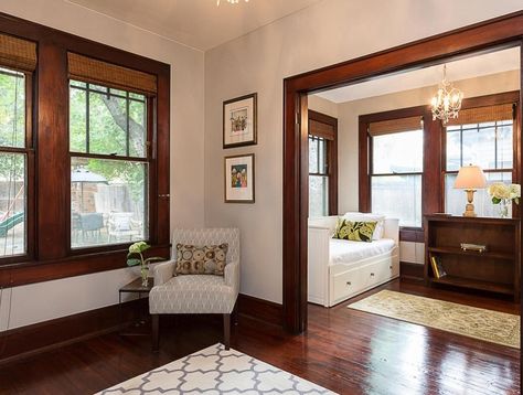 what color wood flooring goes well with mahogany trim? Wood Trim And Doors, Craftsman Style Interior, Trim And Doors, Craftsman Style Interiors, Colonial House Interior, Dark Wood Trim, Mahogany Flooring, 1920s Bungalow, 1920s Interior Design