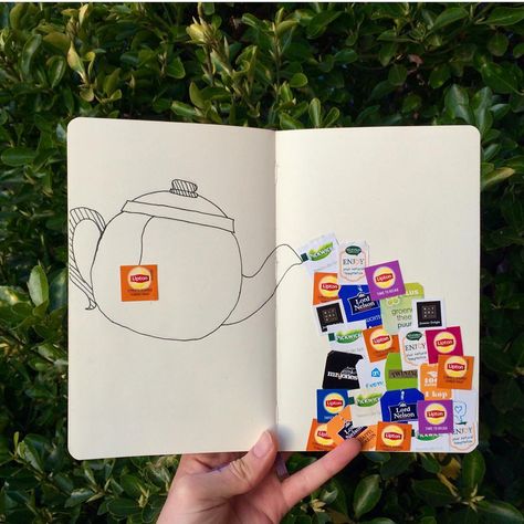 Creative Gratitide Journaling on Instagram: “Are you a tea drinker? This would be a fun spread to collect all the tea bag tags you have drank in a week or so. 📷 wonderful spread…” Creative Art Journal Ideas, Journal Drawings Ideas, Tea Journal Ideas, Tea Bag Journal, Junk Journal Spreads, Visual Journal Ideas, Tea Bag Tags, Ideas For Journal, Cute Journal Ideas