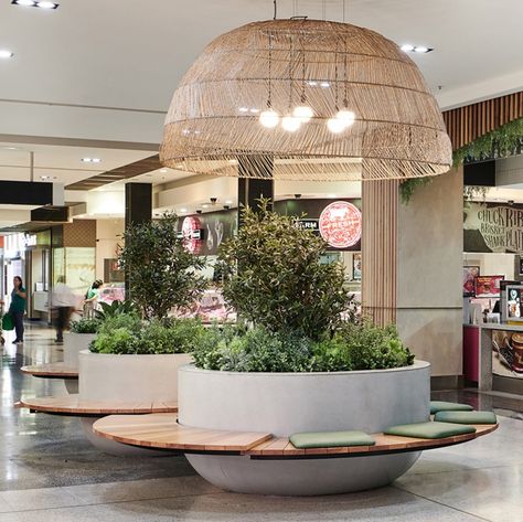 The Annie Planter Bench is A GRC planter with counter levered timber seating, the Annie planter is the ideal feature piece for any indoor or outdoor shopping centres, food courts, or dining precincts. Also available with upholstered seat pads. Dimensions 3000mm dia | 900mm high | 450mm seat height #planter #planterbench #benchseat #timberbenchseat #timberbench #shoppingcentrefurniture #mallfurniture #diningseating Seating With Planters Interior, Planter Seating Design, Seating With Planter, Bench Banquette Seating, Planter With Bench, Planter Seating, Planter Seat, Timber Seating, Coffee Shop Concept