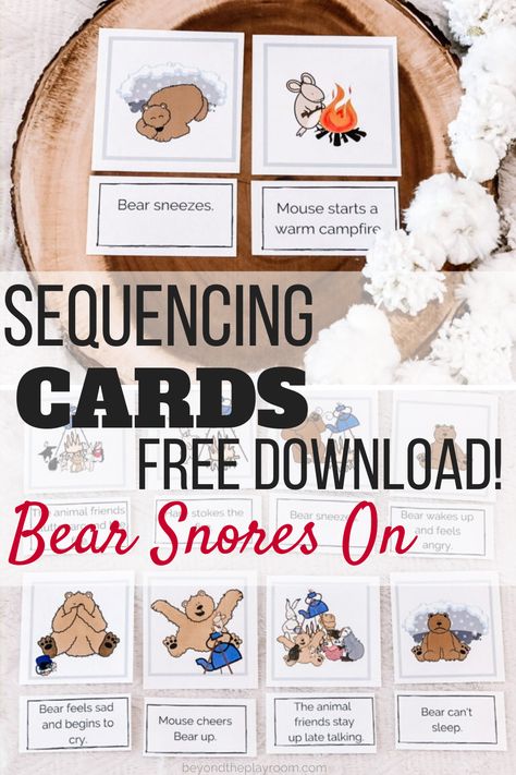 Sequencing Cards to use with the book Bear Snores On. Sequencing Cards are a powerful way to promote literacy skills in kids. Download your very own set of 16 sequencing cards and sentence strips to use with this winter themed book for kids. Preschool Story Sequencing Free, The Bear Snores On Activities, The Bear Snores On Activities Preschool, Bear Snores On Sequencing Free Printable, Bear Snores On, Bear Snores On Activities Preschool, Bear Snores On Activities, Preschool Bears, Sequencing Kindergarten