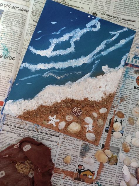 Ocean Sand Painting, Ocean And Sand Painting, Painting With Sand And Glue, Sand Hand Print On Canvas, Beach Painting With Sand, Sand Crafts For Adults, Art With Sand, Beach Sand Painting, Sand Painting On Canvas