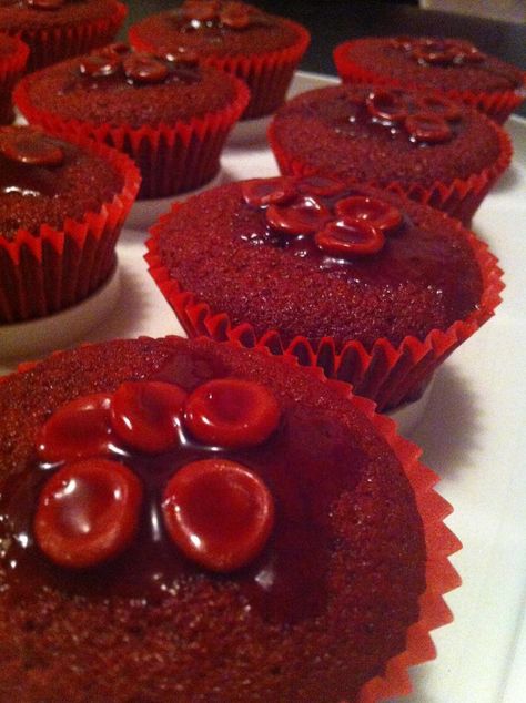 Red blood cell cupcakes! Made for my lab buddies Lab Themed Food, Biology Cake Ideas, Biology Cake, Cell Cake, Lab Week, Tray Bake Recipes, Red Cake, Red Blood, Red Blood Cells