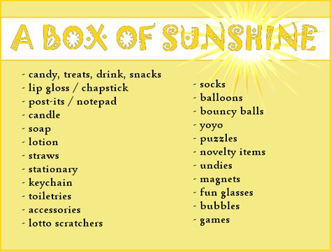 Sunshine Box For Bestie, Sunshine Box Ideas, A Box Of Sunshine, Bedroom Checklist, Ministering Ideas, Get Well Baskets, Sunshine Box, Secret Sister Gifts, Best Gift Baskets