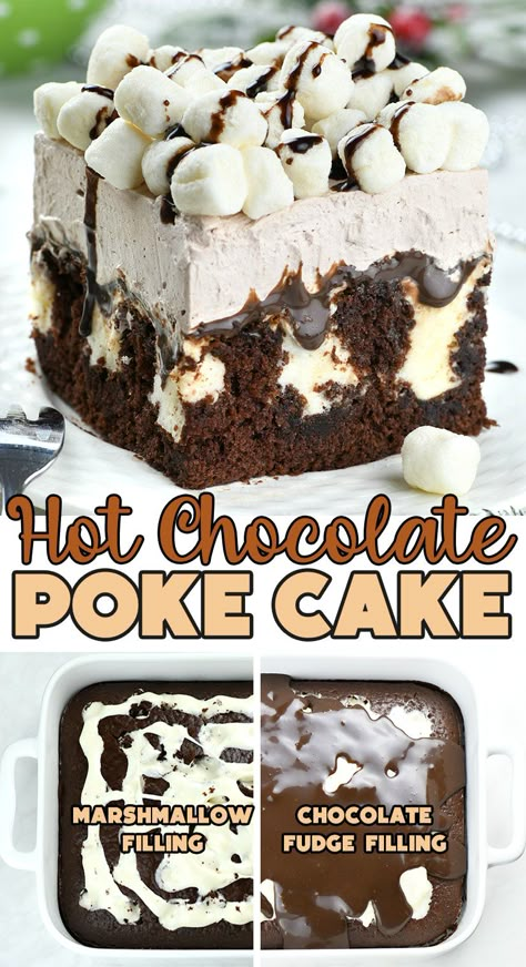 Hot Chocolate Poke Cake is the most decadent chocolate cake infused with marshmallow fluff, topped with chocolate fudge and hot chocolate whipped cream, and a pile of mini marshmallows. Tea Desserts, Chocolate Poke Cake, Dessert Simple, Poke Cake Recipes, Decadent Chocolate Cake, Poke Cakes, Christmas Food Desserts, Marshmallow Fluff, Chocolate Dessert Recipes