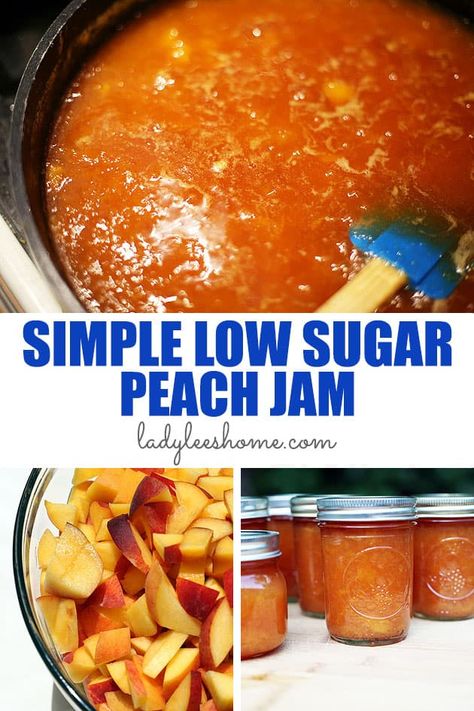 Low sugar peach jam is very easy to make. This recipe uses half of the amount of sugar that you'll find in traditional peach jam and no store-bought pectin. It's also a simple jam to can, so really a mast summer jam to have on the shelf! Apricot Pineapple Jam Recipe, Peach Jam Recipe Without Pectin, Low Sugar Peach Jam, Apricot Pineapple Jam, Peach Preserves Recipe, Low Sugar Jam Recipes, Pineapple Jam Recipe, Peach Freezer Jam, Low Sugar Jam