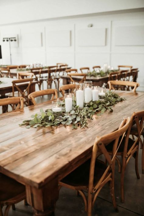 Silver Dollar Eucalyptus Wedding Table, Circle Table Eucalyptus, Farm Table White Runner, Eucalyptus Wedding Centerpiece Simple, Eucalyptus And Wood Wedding Table Decor, Wedding Table Centerpieces Eucalyptus, Wedding Table Garland With Candles, Farmhouse Table Florals Wedding, Candle Greenery Centerpieces Wedding