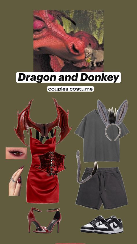 Dragon and Donkey (Shrek) Couples Costume Donkey And Dragon Shrek Costume, Donkey Dragon Costume, Shrek Couples Costume, Donkey And Dragon Couple Costume, Shrek Party Costume Ideas, Three Blind Mice Shrek, Shrek Donkey And Dragon, Shrek Group Halloween Costumes, Cute Shrek Costumes