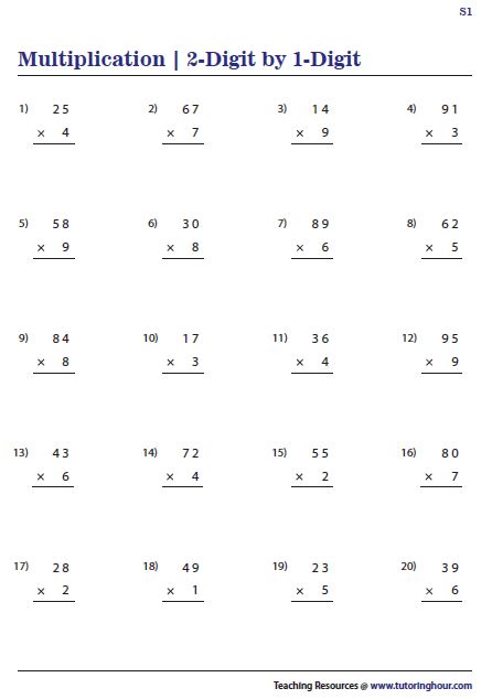 2-digit by 1-digit Multiplication Multiplication Worksheets 2 Digit By 1 Digit, One Digit Multiplication Worksheet, Multiplication Worksheets Class 2, Two Digit By One Digit Multiplication, Double Digit Multiplication Worksheets, 2 Digit By 1 Digit Multiplication, Multiplication Worksheets Grade 1, Multiplication Worksheets 4th Grade, Multiplication Sums