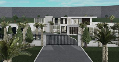 Modern Mansion Bloxburg Exterior, Bloxburg Cozy Mansion, Realistic Coastal Bloxburg House, Realistic Bloxburg House Mansion, Modern Bloxburg House Ideas Exterior Mansion, Modern Villa Bloxburg, Bloxburg Modern Mansion, Modern Mansion Exterior, Bloxburg Farmhouse