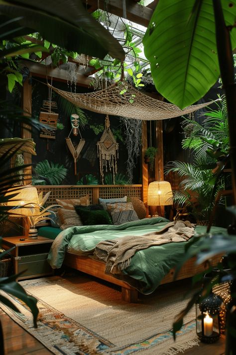 29 Jungle Themed Boho Bedroom Ideas 3 Jungle Maximalist Bedroom, Modern Forest Bedroom, Jungle Theme Room Ideas, Airbnb Theme Room Ideas, Rainforest Home Decor, Moody Jungle Bedroom, Jungle House Decor, Rainforest Aesthetic Bedroom, Boho Jungle Decor