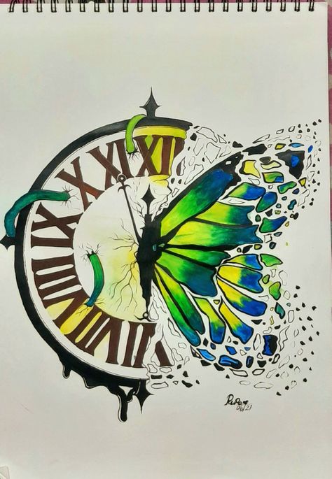 Wall Clock Drawing, Clock Drawing, Time Is An Illusion, Clock Drawings, Aesthetic Butterfly, Water Color Pencil, Drawing Aesthetic, Clock Tattoo, Acrylic Painting Tips