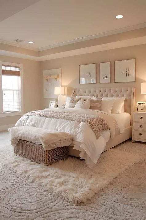 Cozy Beige Bedroom Aesthetic, Neutral Main Bedroom, Carpet On Top Of Carpet Ideas, Country Romance Bedroom, Beige Bedroom Ideas Aesthetic, Neutral Guest Room Ideas, White And Beige Room Aesthetic, Classy Bedroom Decor Luxury, Apartment Bedroom With Carpet