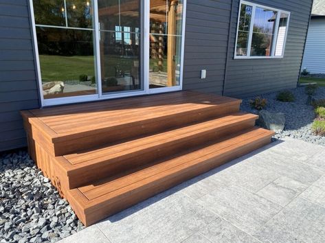 Modular Home Front Deck Ideas, Front Deck Stairs Porch Steps, Deck With 2 Steps, Trek Deck Steps, Step Down From House To Patio, Steps Off Slider Door, 3 Step Patio Stairs, Back Porch Steps Ideas Wooden, Back Patio Steps Down