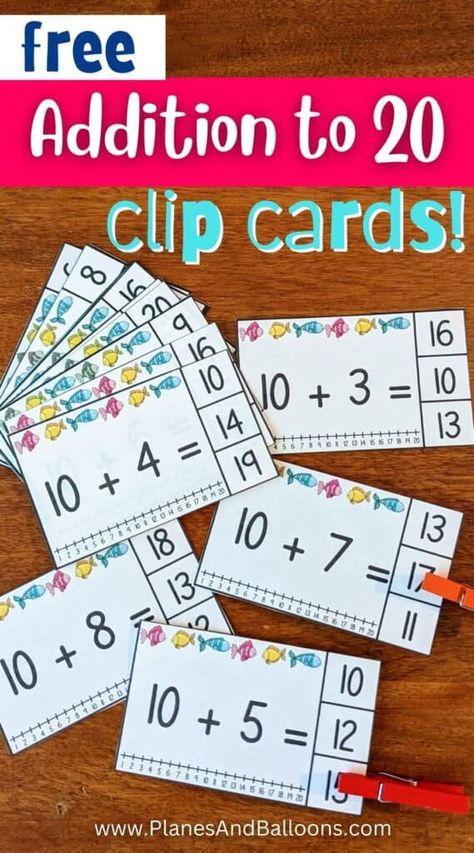 Addition Template Kindergarten, Making Ten To Add First Grade, Addition Crafts For First Grade, Addition Activities Grade 1, Addition Small Group Activities, First Grade Addition Activities, Addition Clip Cards, Adding Activities Kindergarten, Addition Bingo Free Printable