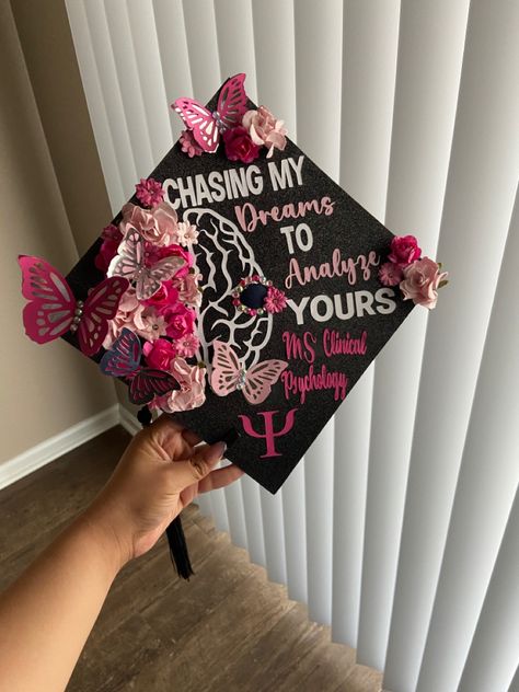 Clinical Psychology Graduation Cap, Graduation Cap Medical School, Grad Cap Inspo Psychology, Psychology Graduation Cap Ideas Funny, Future Therapist Graduation Cap, Bachelors Psychology Graduation Cap, Psychology Graduation Captions, Graduation Cap Designs Therapist, Masters In Counseling Graduation Cap