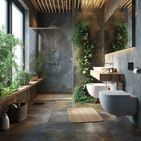 Open Air Bathroom Ideas, Rustic Washroom Ideas, Walk In Shower Plants, Bathroom Ideas Nature Inspired, Forest Themed Bathroom, Bathroom Wall Design, Modern Bathroom Renovations, Modern Renovation, Bathroom Inspiration Decor