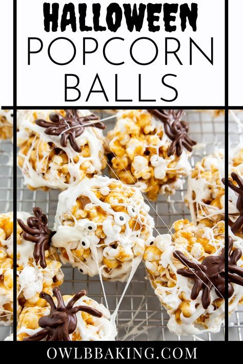 These popcorn balls are the perfect snack idea for a Halloween party or movie night! Fresh popcorn is tossed with a soft, vanilla caramel and wrapped in spooky marshmallow spider webs and chocolate spiders! You can also turn use candy eyes to make mummy popcorn balls. A great Halloween idea for kids and so fun to make and eat! Halloween Popcorn Balls Recipe, Chocolate Popcorn Balls, Halloween Popcorn Balls, Caramel Popcorn Balls, Popcorn Balls Recipe, Halloween Candy Apples, Chocolate Spiders, Fresh Popcorn, Halloween Popcorn