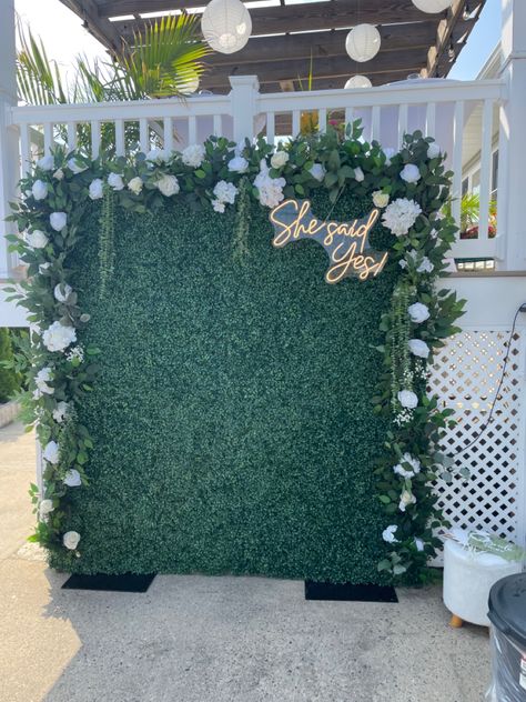 Eucalyptus Engagement Party Decor, Engagement Party Greenery Theme, Engagement Party Background, Yard Engagement Party, Garden Themed Engagement Party, Love In Bloom Engagement Party, Floral Engagement Party, Engagement Party Backdrop Ideas, Engagement Party Photo Backdrop