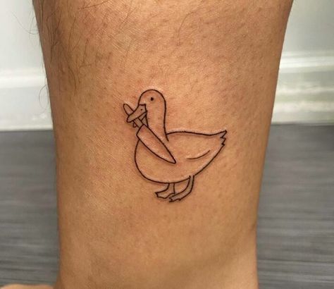 Black Tattoos Minimalist, Duck Tattoo Ideas Small, Bunny With Knife Tattoo, Duck On Skateboard Tattoo, Duck Knife Tattoo, Goose Knife Tattoo, Duck Duck Goose Tattoo, Silly Duck Tattoo, Silly Goose Tattoo Small