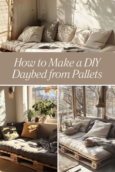 Build a cozy DIY daybed using wooden pallets for a functional and stylish addition to your home. #DIYDaybed #PalletProjects #CozySpaces Cozy Diy, Pallet Daybed, Lounging Area, Made From Pallets, Diy Daybed, Pallet Seating, Small Balcony Decor, Diy Pallet, Small Balcony