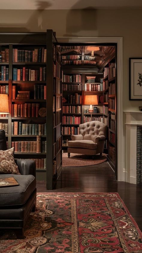 Secret Room In Library, Hidden Nooks In House, Home Library Realistic, Hidden Room Library, Two Story Library Room, Bedroom With Bookcase Ideas, Library Bedroom Ideas Bookshelves, Secret Library Aesthetic, Aesthetic Secret Room