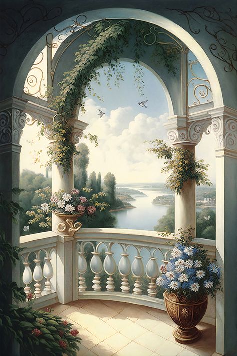 European Landscape Paintings, Old Painting Wallpaper, Spring Kingdom, Castle Paintings, Balcony Vintage, Old Balcony, Vintage Painting Flowers, Decorating With Flowers, Window Flowers