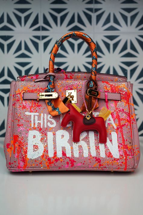 This is Not A Birkin Bag Pink - The Flaunt Bags Birkin, Hand Painted Leather Bag, Painted Leather Bag, Hand Painted Purses, Painted Handbag, Bag Items, Painted Bags, Elegant Bags, Fancy Bags