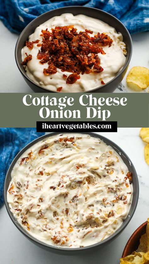 This tasty caramelized onion dip is made with cottage cheese, so it’s a protein-packed snack! It’s perfect when you want something rich and creamy but secretly healthy! Cheese Onion Dip, Cottage Cheese Recipes Healthy, Cottage Cheese Dips, Caramelized Onion Dip, Protein Packed Snacks, Healthy High Protein Meals, Cottage Cheese Recipes, Onion Dip, Caramelized Onion