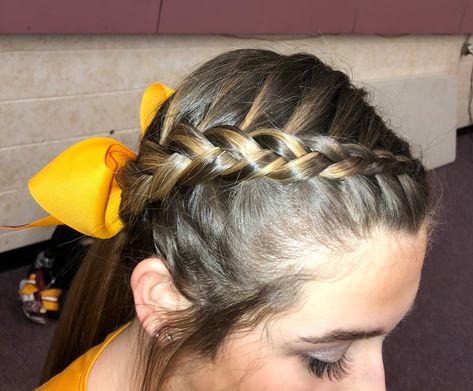 Braid Into Low Ponytail Cheer, Cheer Hairstyles With Bows Low Pony, Low Ponytail Cheer Hair, Two Braids Into Low Ponytail, Volleyball Hairstyles With Ribbons, Cheer Ponytail Hairstyles, Cute Volleyball Hairstyles Easy, Cute Cheer Hairstyles With Bow, Cheer Hairstyles With Bows